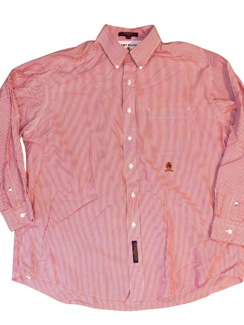 Vintage 1998 Tommy Hilfiger Shirt Mens 17-34 Red Stripe Crest Button Down 90s